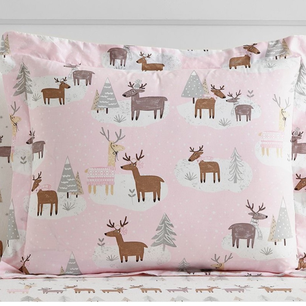 Pottery Barn Kids winter Pink blush Reindeer Duvet Cover and sham organic cotton - Picture 2 of 10